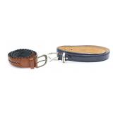 TWO BRAIDED LEATHER & NAVY 'VERSACE' BELTS