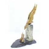 STONE & LACQUER PERCHED MOTHER BIRD & CHILDREN