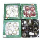 4 BOXES PAINTED BLACK, SILVER & RED TREE ORNAMENTS