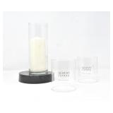CANDLE AND 3 GLASS VOTIVES