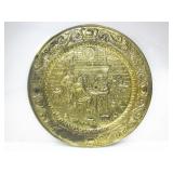LARGE BRASS DECOR PLATE W/ EMBOSSED TAVERN SCENE