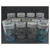 13 ASSTD. CLEAR & AQUA GLASS MASON JARS