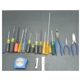 ASSORTED HAND SCREW DRIVERS, PLIERS, TAPE MEASURE