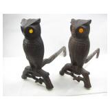 PAIR OF CAST IRON OWL FIREDOGS W/ AMBER GLASS EYES