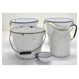 WHITE ENANELWARE BUCKETS AND PITCHER