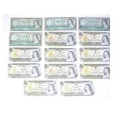 14 1954 & 1973 CANADIAN $1 PAPER BANK NOTES
