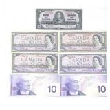 7 1937, 1954, 2001 CANADIAN $10 PAPER BANK NOTES