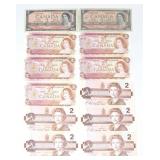 12 1954, 1974, 1986 CANADIAN $2 PAPER BANK NOTES