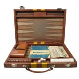 LARGE BACKGAMMON SET IN A BROWN LEATHER CASE