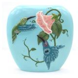 HUMMINGBIRDS & FLOWER BLUE FLAT VASE BY H.B.