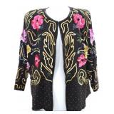 SEQUIN BEADED BLACK SILK SHOULDER PADDED CARDIGAN