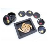 LACQUERED BUTTERFLY COASTERS & HOLDER W TRIVET