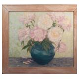 UNSIGNED 'VASE OF ROSES' OIL ON HARDBOARD