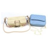 BLUE PLEATHER CHAIN & PRINTED WICKER SHOULDER BAGS