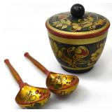 WOODEN SUGAR BOWL AND SPOONS