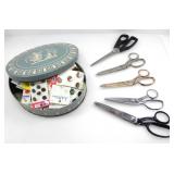 ASSORTED SEWING SCISSORS & TIN FULL OF BUTTONS