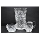 CUT CRYSTAL VASE, CREAMER, & SUGAR BOWL