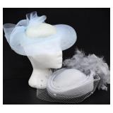 LADIES FEATHER & MESH BABY BLUE & GREY FASCINATORS