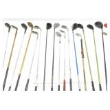 ASSORTED SIZED.BRANDED, AGED GOLD CLUBS