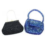 TWO BLACK & ROYAL BLUE BEADED LADIES' HANDBAGS