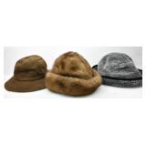 VTG BROWN FUR, SUEDE & GREY FAUX FUR HATS