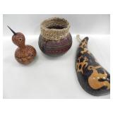 HANDMADE GOURD RATTLE, POT, BIRD