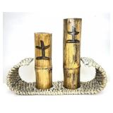 2 BAMBOO STALK 'EARTH' VASES IN WOVEN BASE