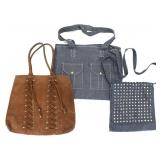 3 SUEDE LEATHER & STUDDED DENIM SHOULDER BAGS