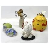 CERAMIC PIN CUSHION, ANGEL, FROG AND A KISS
