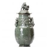 CHINESE CELADON BALUSTER COVERED VASE