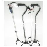 2 QUAD CANES W/4 POINT BASE AND 2 REACHER GRABBER