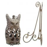 CAST & WROUGHT IRON OWL LIGHT HOLDER & PLATE STAND
