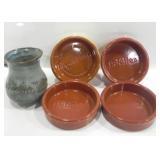 4 FIDELICCE EMBOSSED TERRACOTTA DISHES AND PITCHER