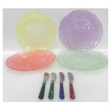 4 GLASS COUPE SALAD PLATES, 4 BUTTER SPREADERS