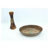 PAIR OF EARTH TONED TABLE PIECES W/ FLOWER DETAILS