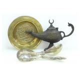 ENGRAVED OIL LAMP, IFUGAO SPOONS & HAMMERED PLATE
