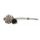 925 SILVER FLOWER & RHINESTONE BROOCH 10.4g