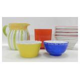 ASSORTED GLASS & CERAMIC PITCHER, BOWLS, PLATES