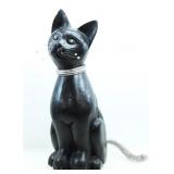 BLACK WOODEN METAL TAILED & WHISKERED CAT STATUE