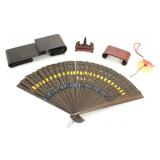 WOODEN FAN, STONE PENDANT & SCROLL VASE STANDS