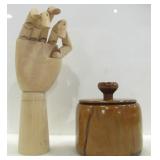 NATURAL WOOD MANNEQUIN HAND, LIDDED JAR