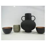 CERAMIC VASE; METALLIC BOWLS; CANDLE HOLDER.CUP