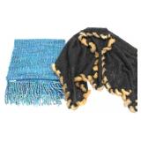 BLUE SHEEP'S WOOL SCARF & BLACK FUR TRIM SHAWL