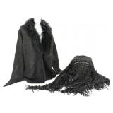 BLACK SHAWL & OPEN KNIT MONGOLIAN LAMB CARDIGAN