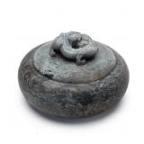 CHINESE ARCHAISTIC CARVED HARDSTONE CIRCULAR BOX