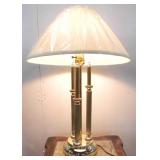 BRASS 3 COLUMN TABLE LAMP WITH CREAM PLEATED SHADE