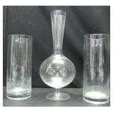 2 GLASS CYLINDRICAL VASES, 1 DECANTER