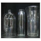 2 CYLINDRICAL GLASS VASES, 1 CLOCHE DOME
