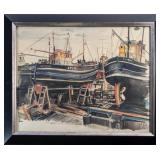 J.R. STEWART DRY DOCK TRAWLERS WATERCOLOUR