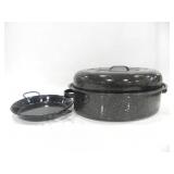 GRANITEWARE COVERED ROASTER AND ENAMELED PAN